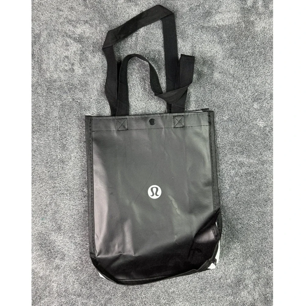 Lululemon Small Reusable Shopping Tote Bag Black White Logo Snap Closure